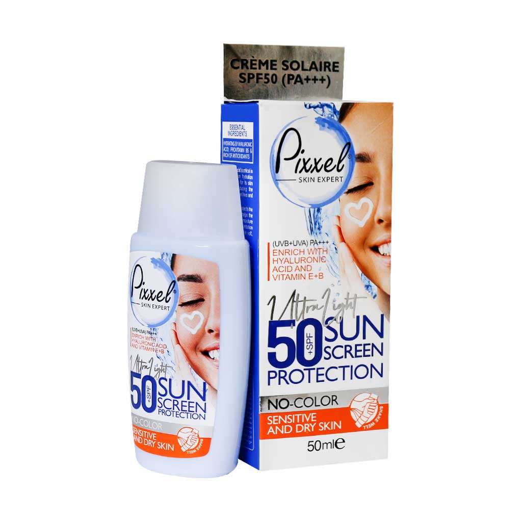 کرم ضد آفتاب بدون رنگ پیکسل SPF50 مناسب پوست خشک،نرمال و حساس